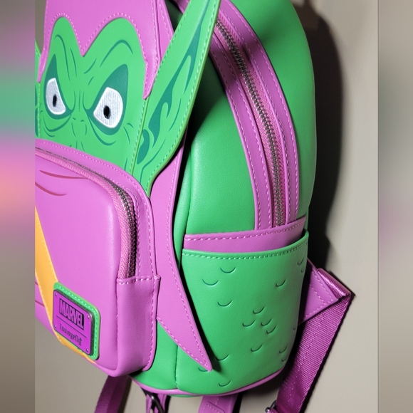 Loungefly Green Goblin faux leather daypack backpack gun metal grey hardware - Picture 5 of 16